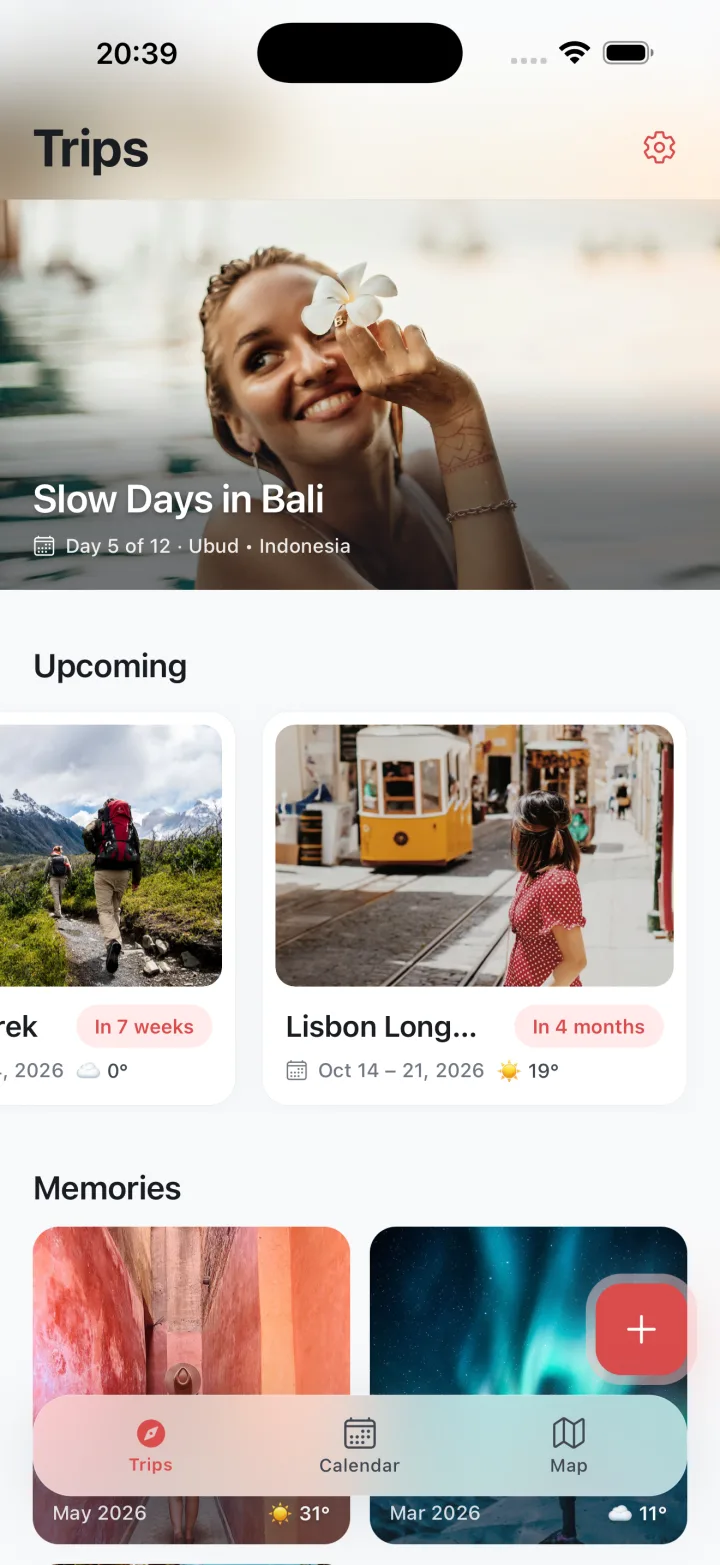 Travelbook shows the Trips list with Slow Days in Bali labeled Day 5 of 12 in Ubud, upcoming trip cards, and Memories.