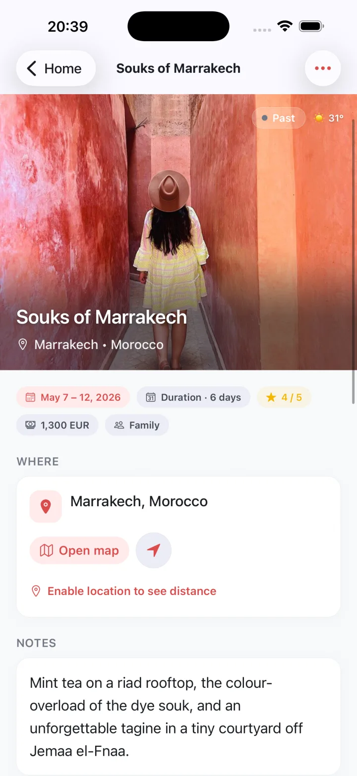 Travelbook shows the Souks of Marrakech trip page with cover photo, May 7-12, 2026 dates, duration, rating, location, and map buttons.