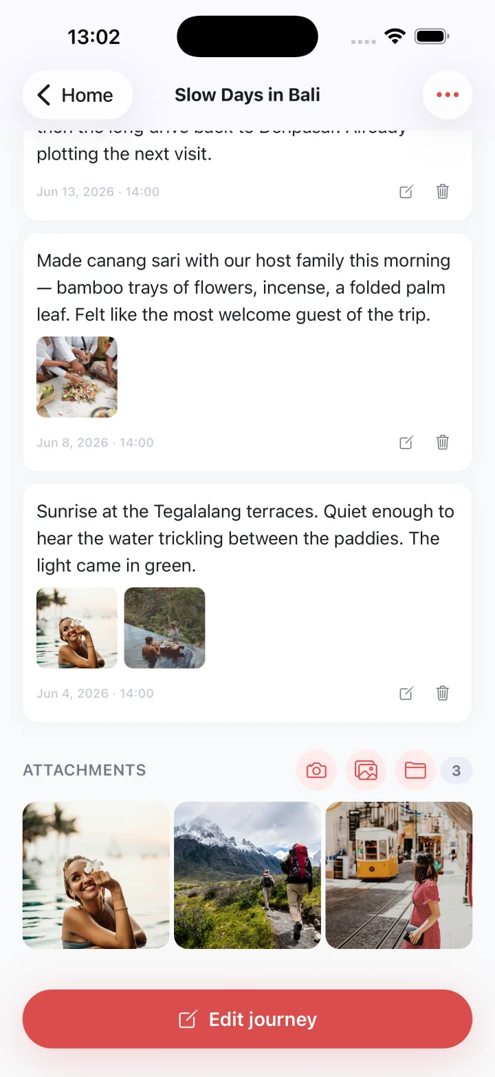 Travelbook shows Slow Days in Bali entries with dated notes, small inline photos for each entry, and an Attachments thumbnail strip.